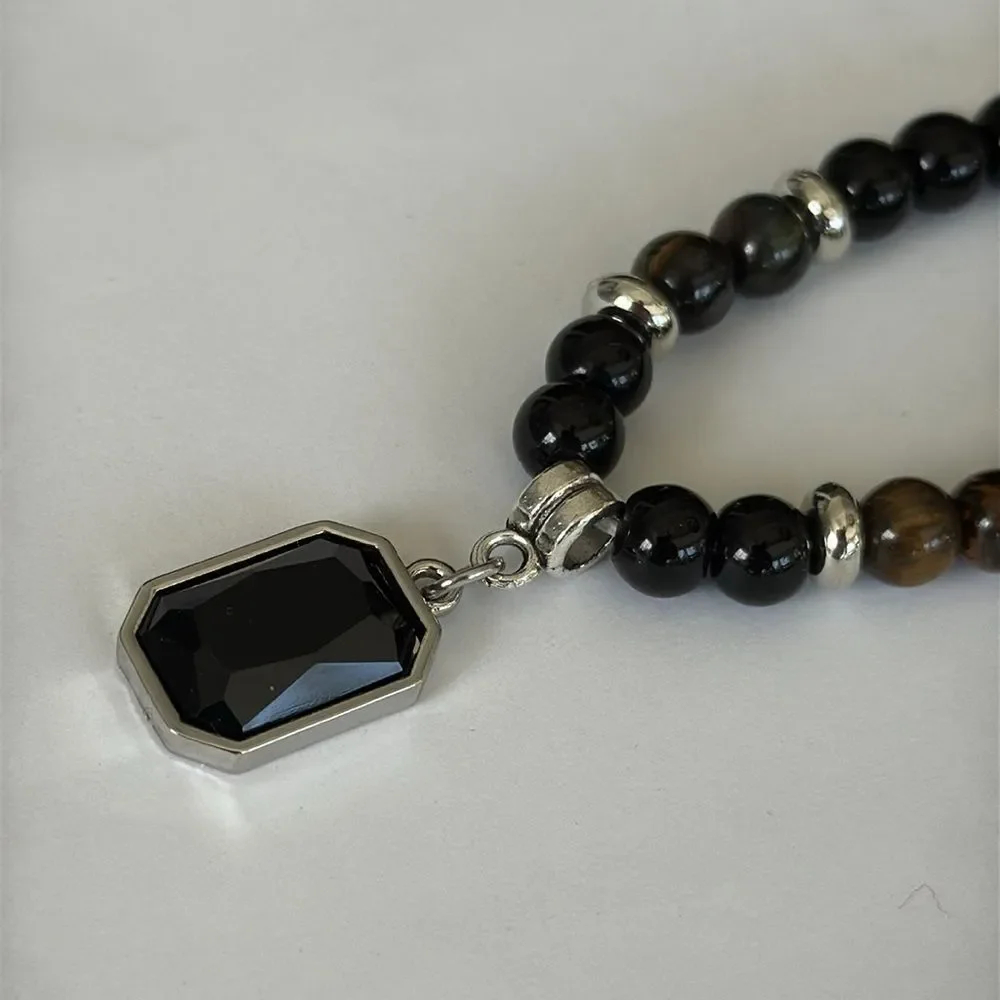 Men’s Tiger Eye & Black Bead Pendant Necklace